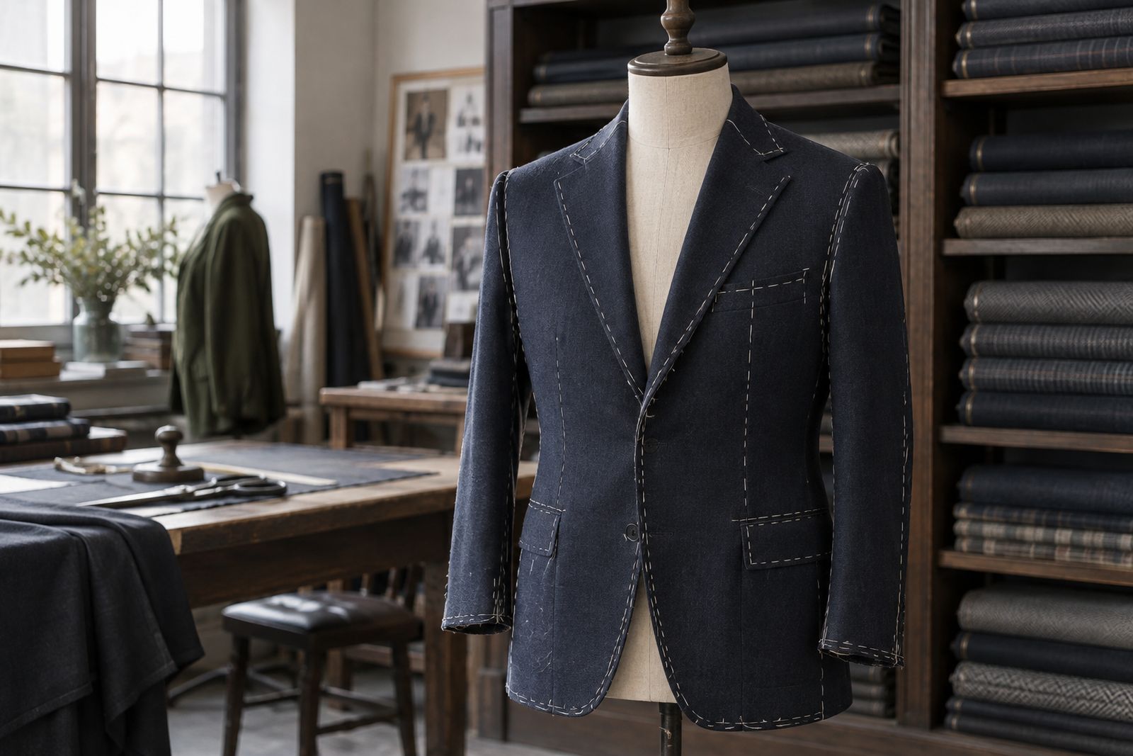 A navy jacket basted with white thread on a dummy in a tailoring workroom.