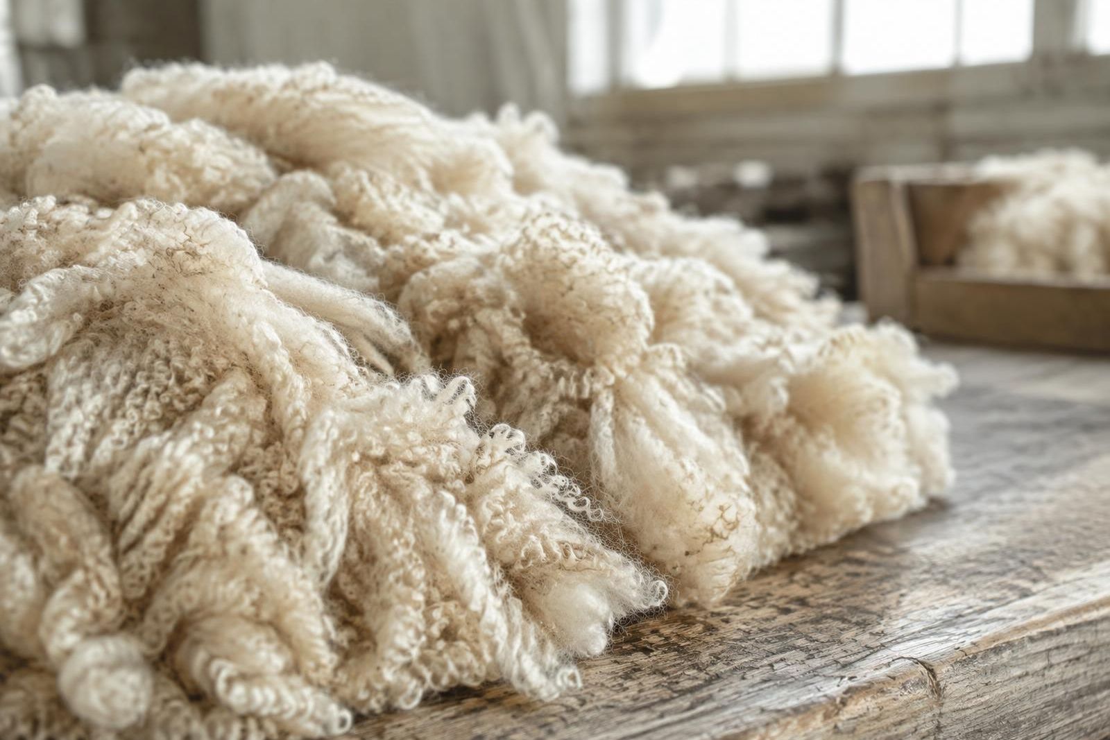 A close-up of raw creamy-white Merino wool fleece on a wooden sorting table