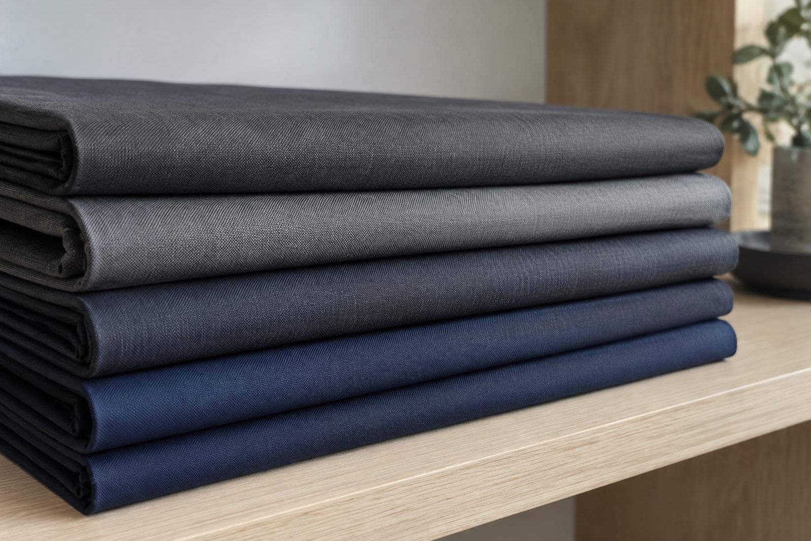 Folded charcoal, gray and navy worsted wool suiting lengths stacked on an oak shelf