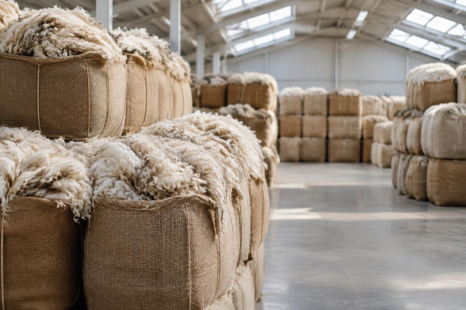 Bales of Merino wool stacked in a large, airy wool store