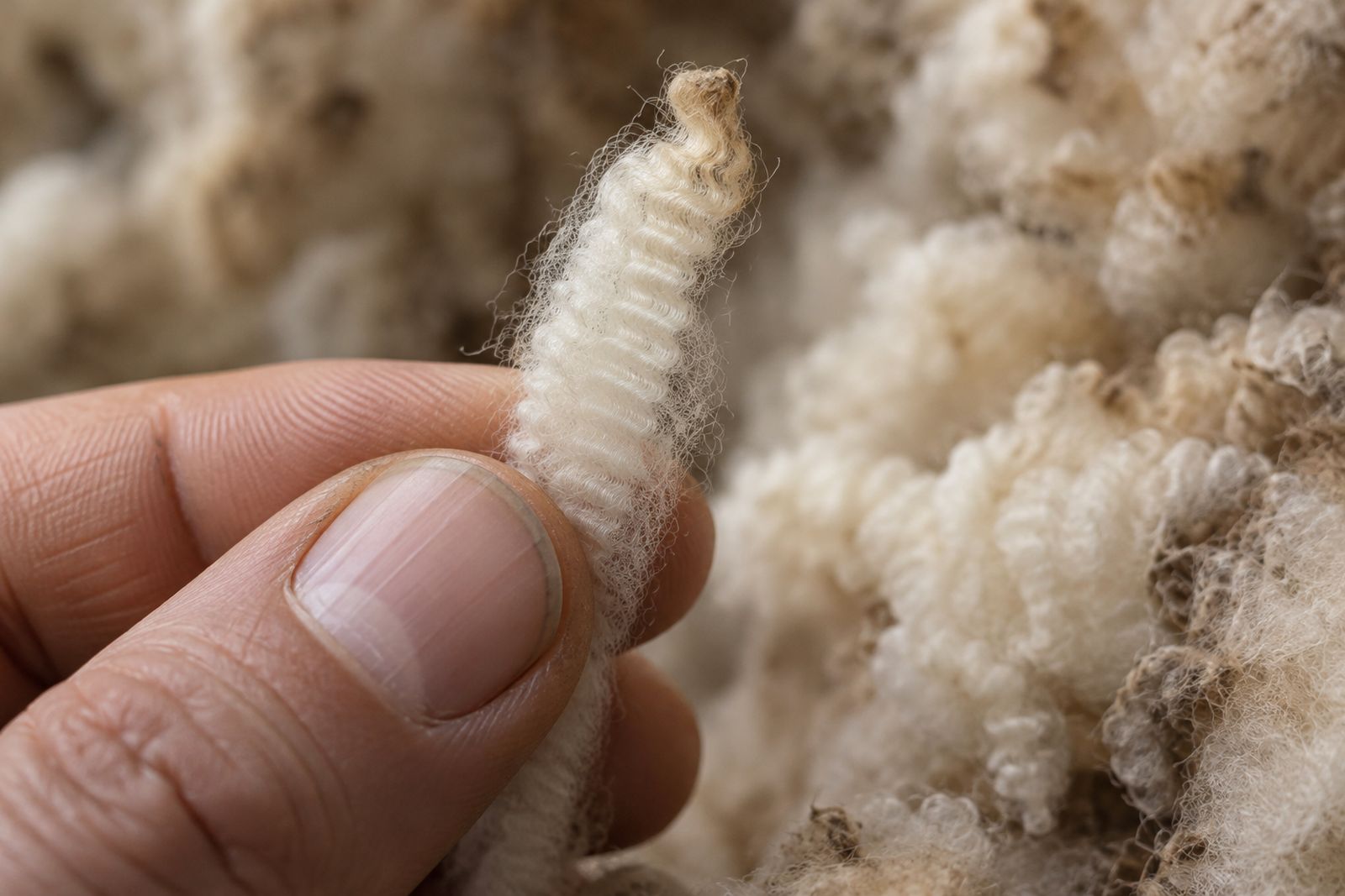 Close-up of a fine Merino wool staple held between fingertips.