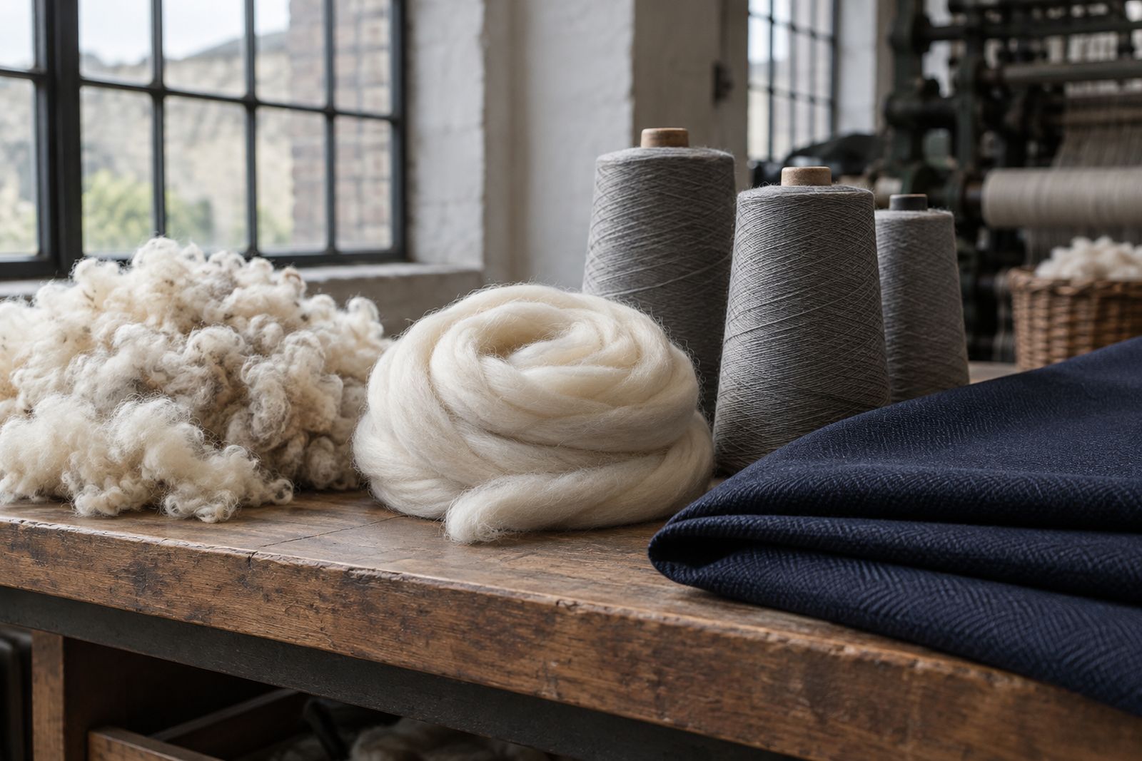 Scoured wool, combed top, yarn cones and folded navy worsted on a wooden bench.