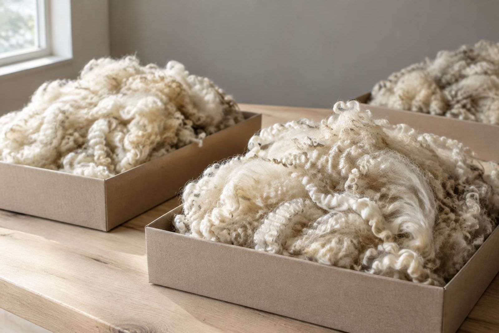 Raw Merino fleece samples in open boxes on a wooden table