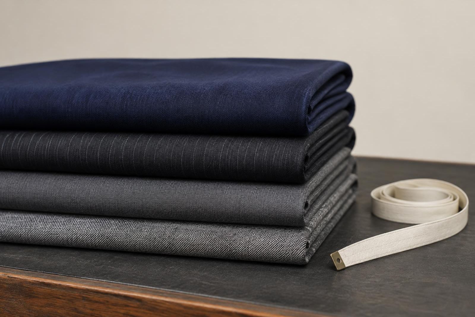 Folded navy, charcoal and gray worsted suiting fabrics with a tape measure