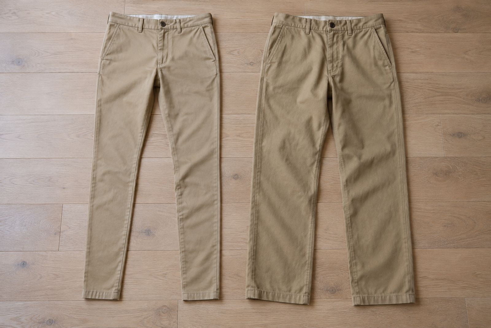 A slim tapered chino beside a wider straight-leg chino, seen from above.