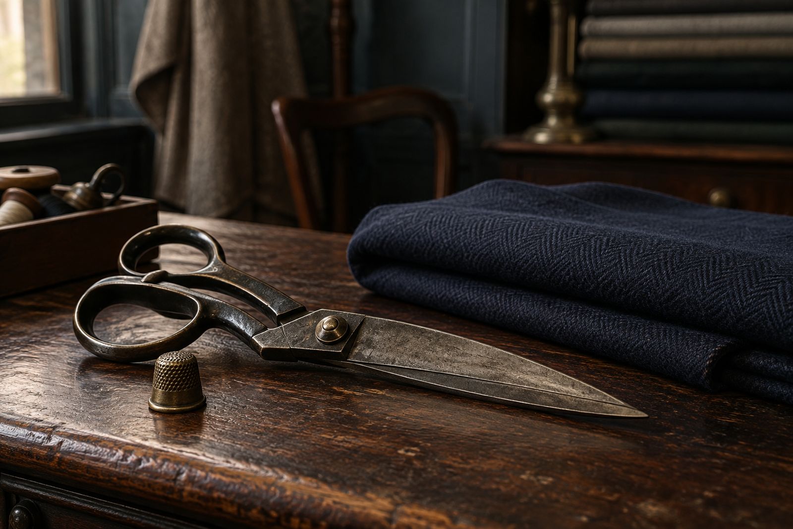Antique tailor's shears and a brass thimble on a worn mahogany counter.