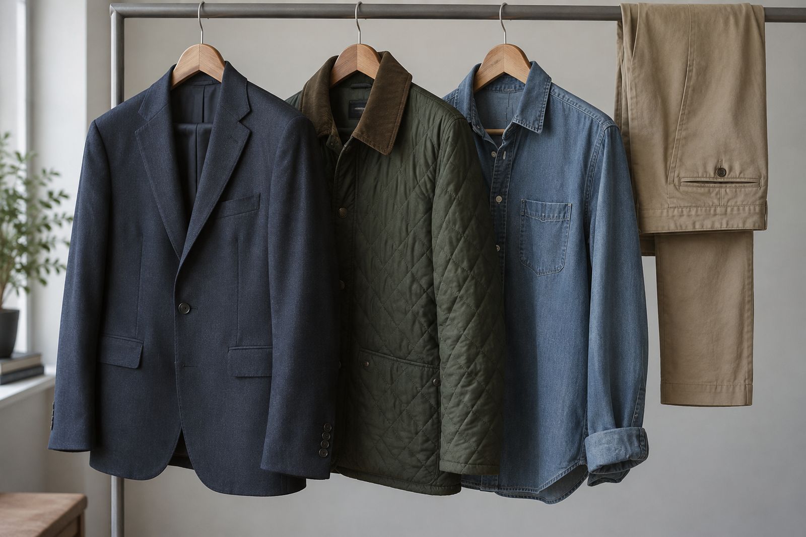 A navy suit jacket hanging next to casual jackets and chinos on one rail.