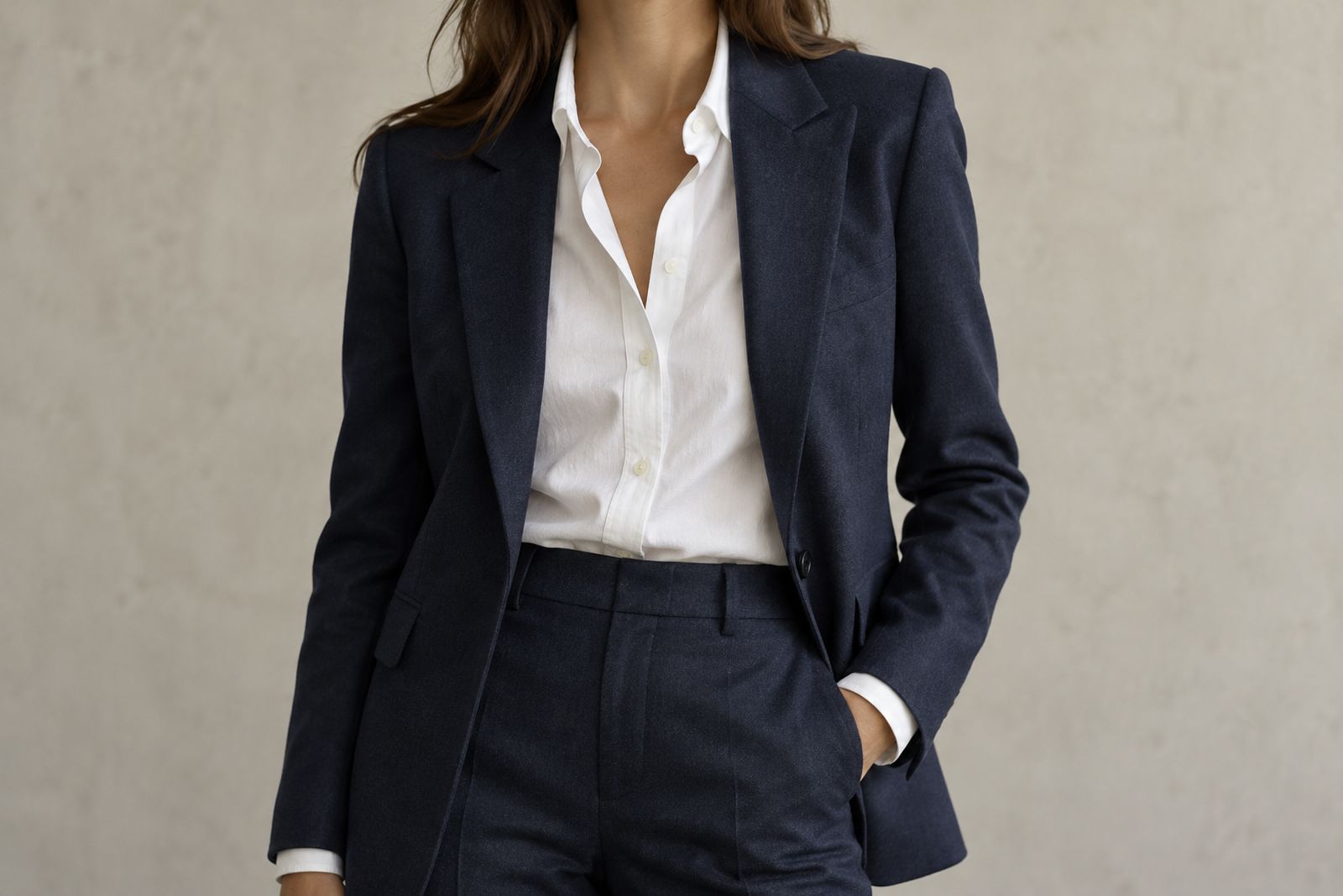 A woman in a navy trouser suit and white button-down shirt, cropped below the face.