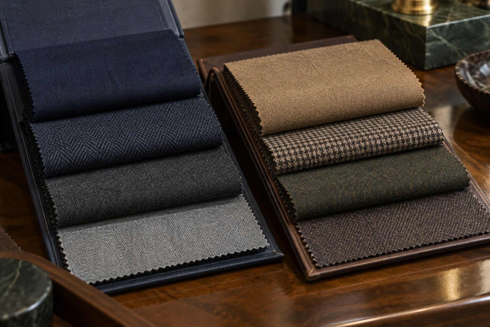 Open swatch books of navy and gray worsted fabrics on a wooden counter.