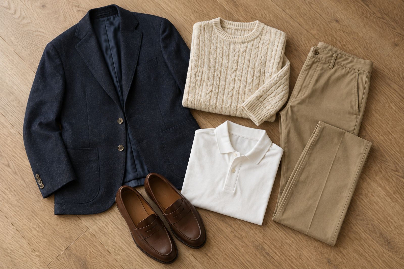 Flat lay of a navy blazer, cable-knit sweater, chinos, polo shirt and loafers.
