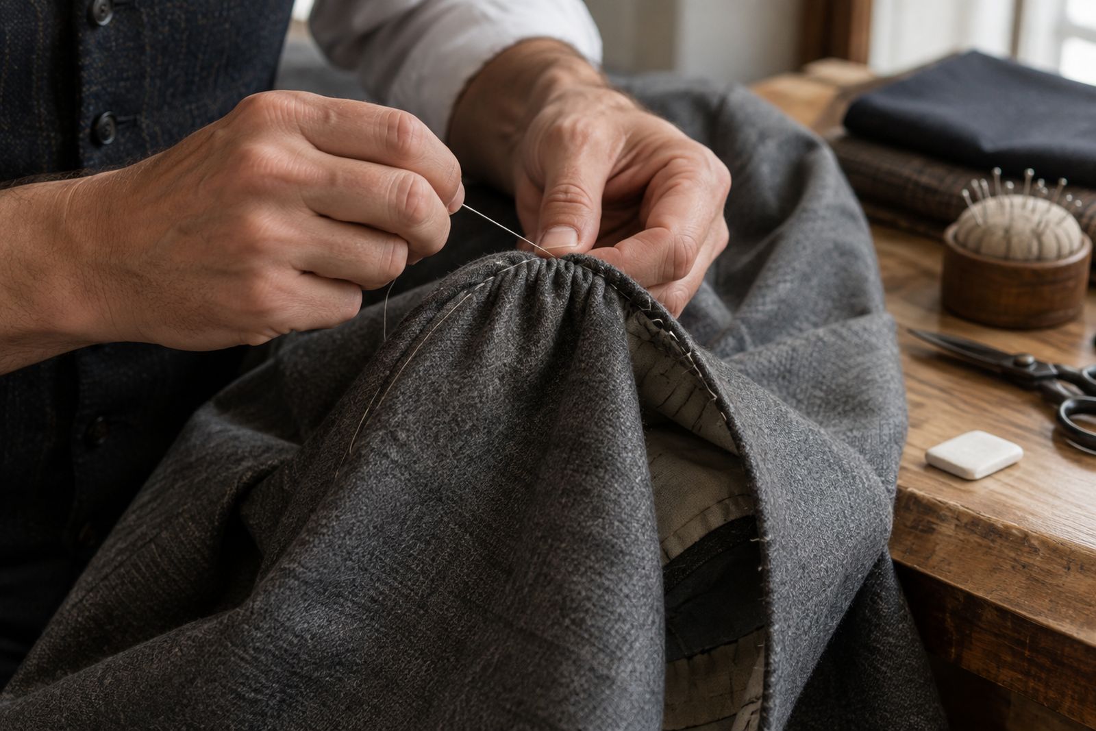 Hands sewing a sleeve into a gray jacket, with small gathers at the shoulder.