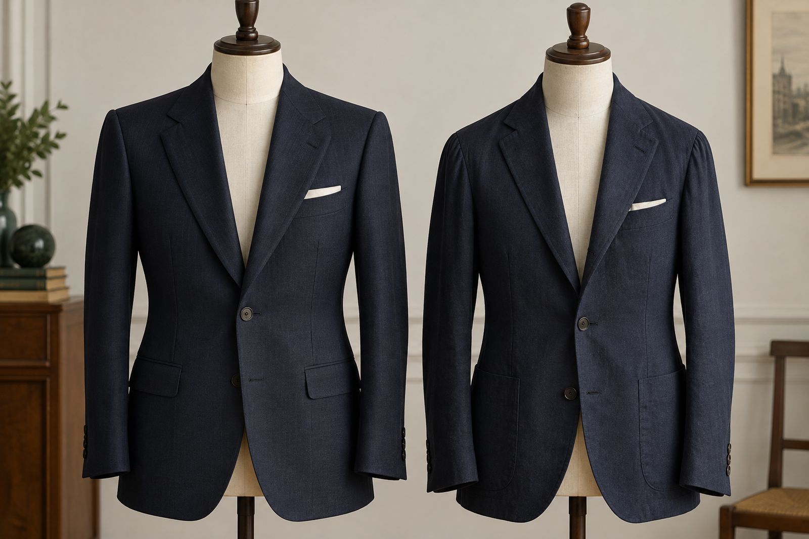 A padded English-style jacket beside a softer Neapolitan-style jacket on dress forms.