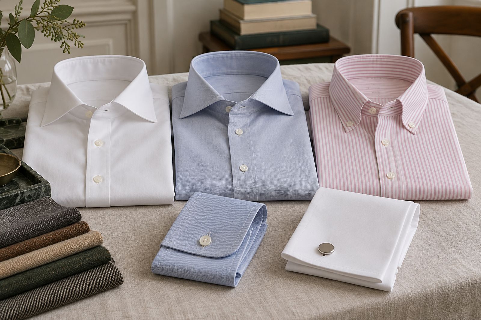 Shirt collars and cuffs in different styles laid out in rows.