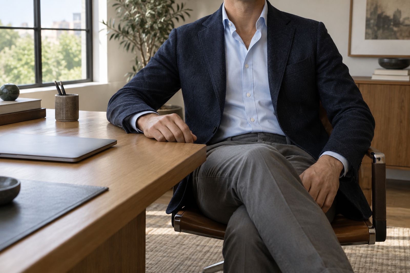 A man in an unstructured jacket and open-collar shirt at an office desk, face not shown.