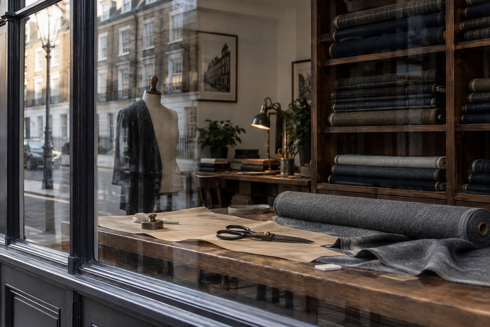 A cutter's bench with a paper pattern and shears seen through a workroom window.