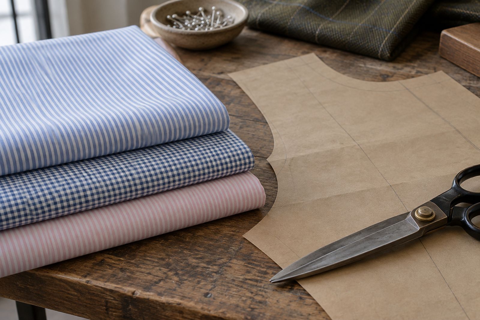 Folded striped and checked shirting beside a paper shirt pattern and shears.