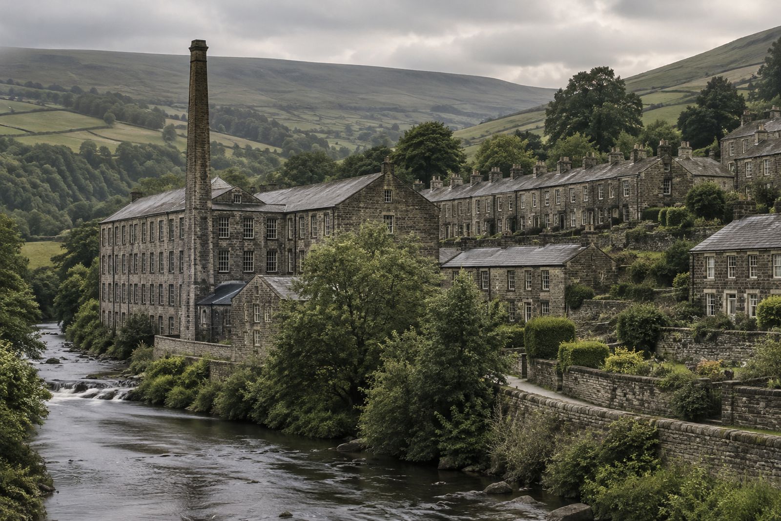 A stone textile mill and chimney in a West Yorkshire valley.