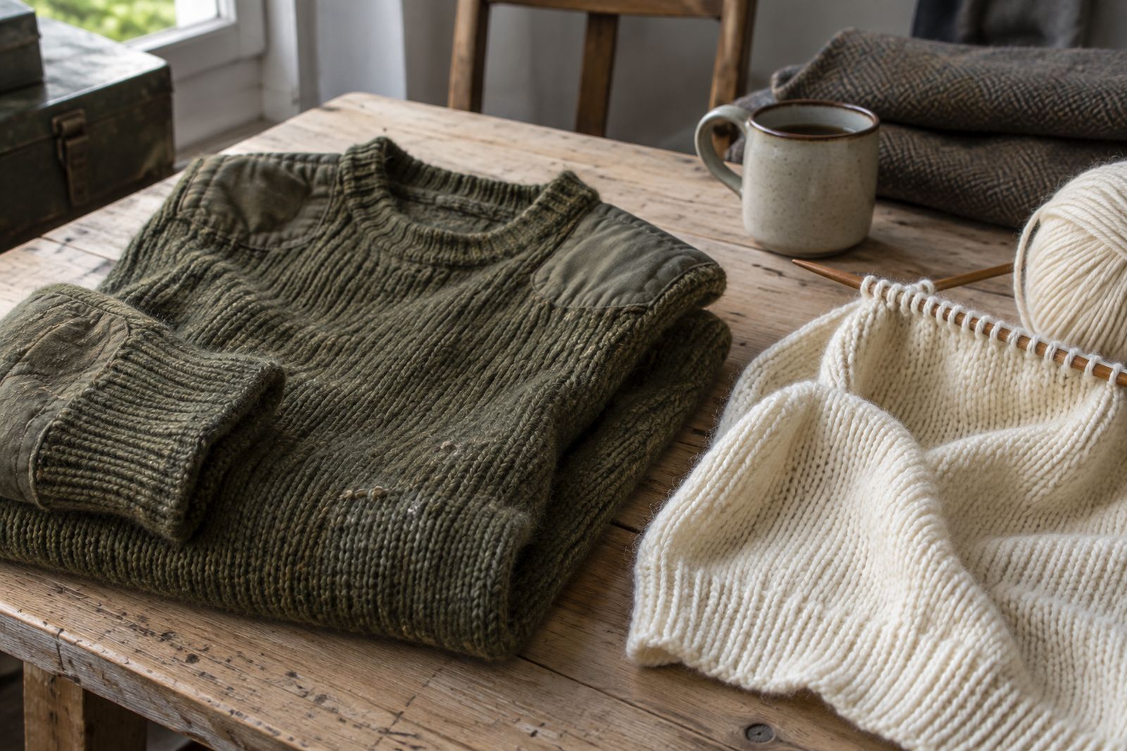 A worn olive wool sweater beside cream Merino knitting on needles.