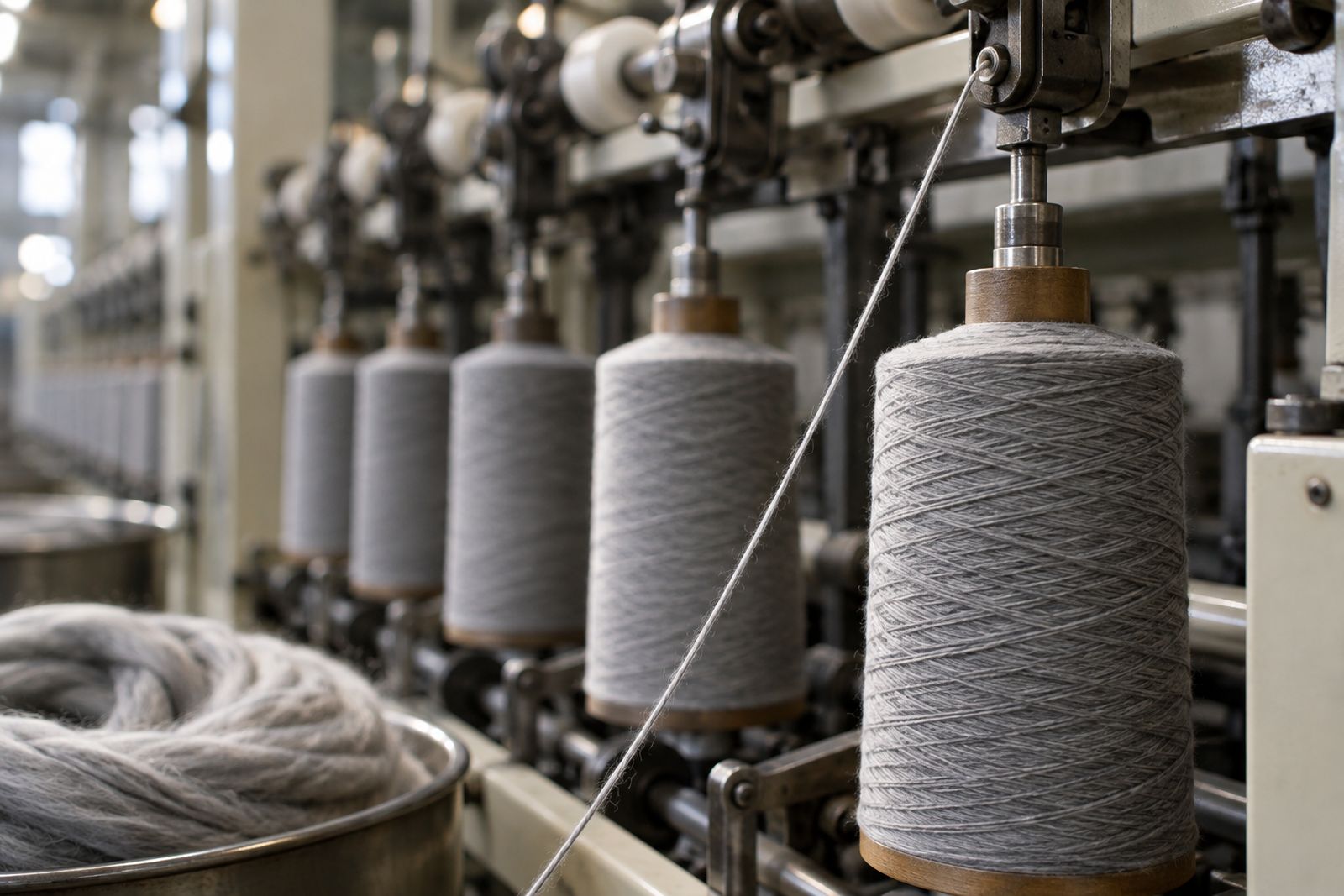 Combed wool being spun into fine worsted yarn on a spinning frame.