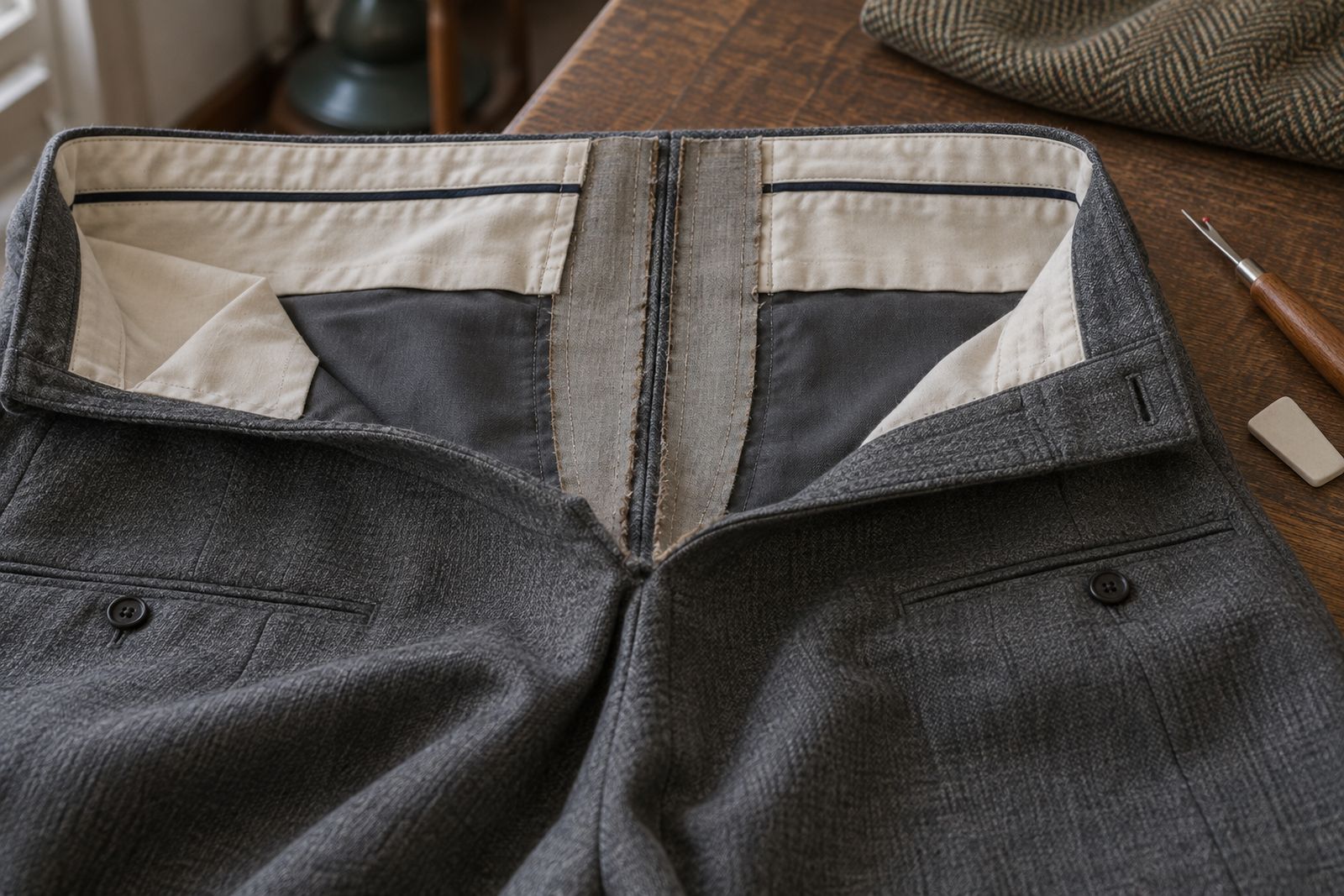 Suit trousers turned inside out to show extra seam allowance at the back of the waist.