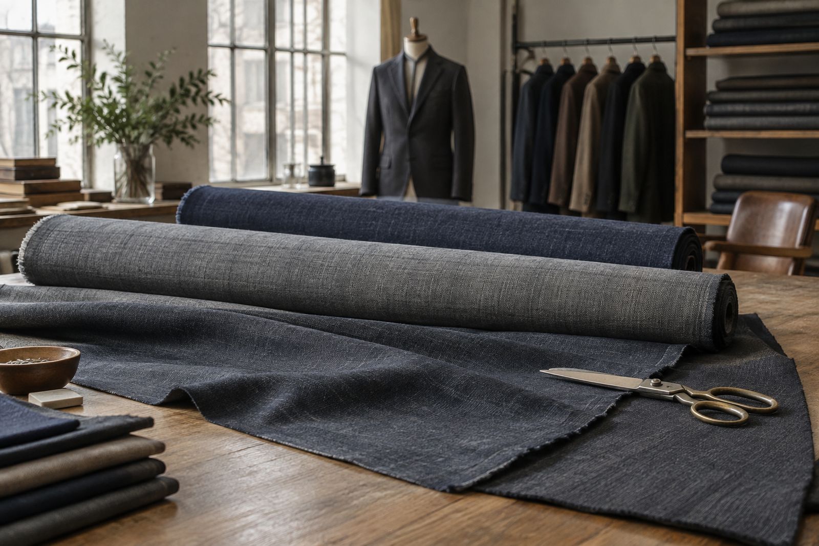 Gray and navy wool suiting unrolled on a long cutting table.