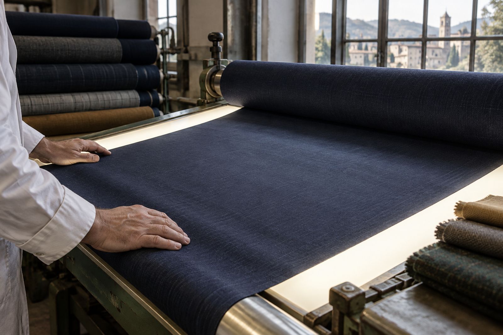 Navy worsted fabric running over a backlit inspection frame in a mill.