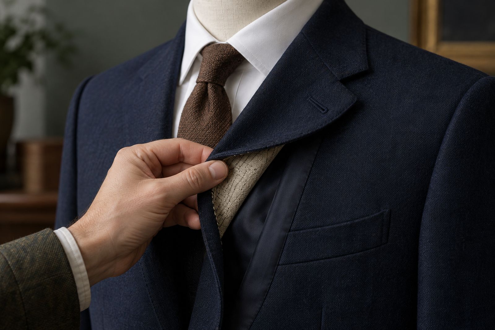 A hand pinching the chest of a navy jacket to feel for the canvas layer.