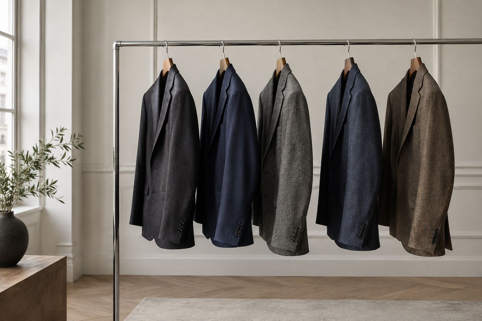 A long rail holding only a few suits, widely spaced.