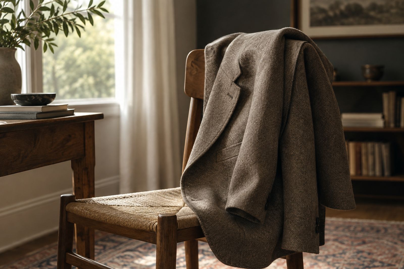 A soft taupe jacket draped loosely over a chair back.