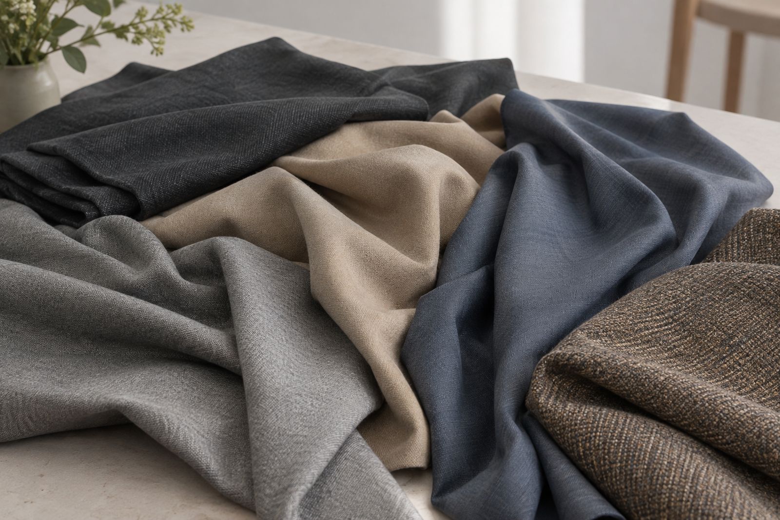 Draped fabrics in gray, beige and muted blue.