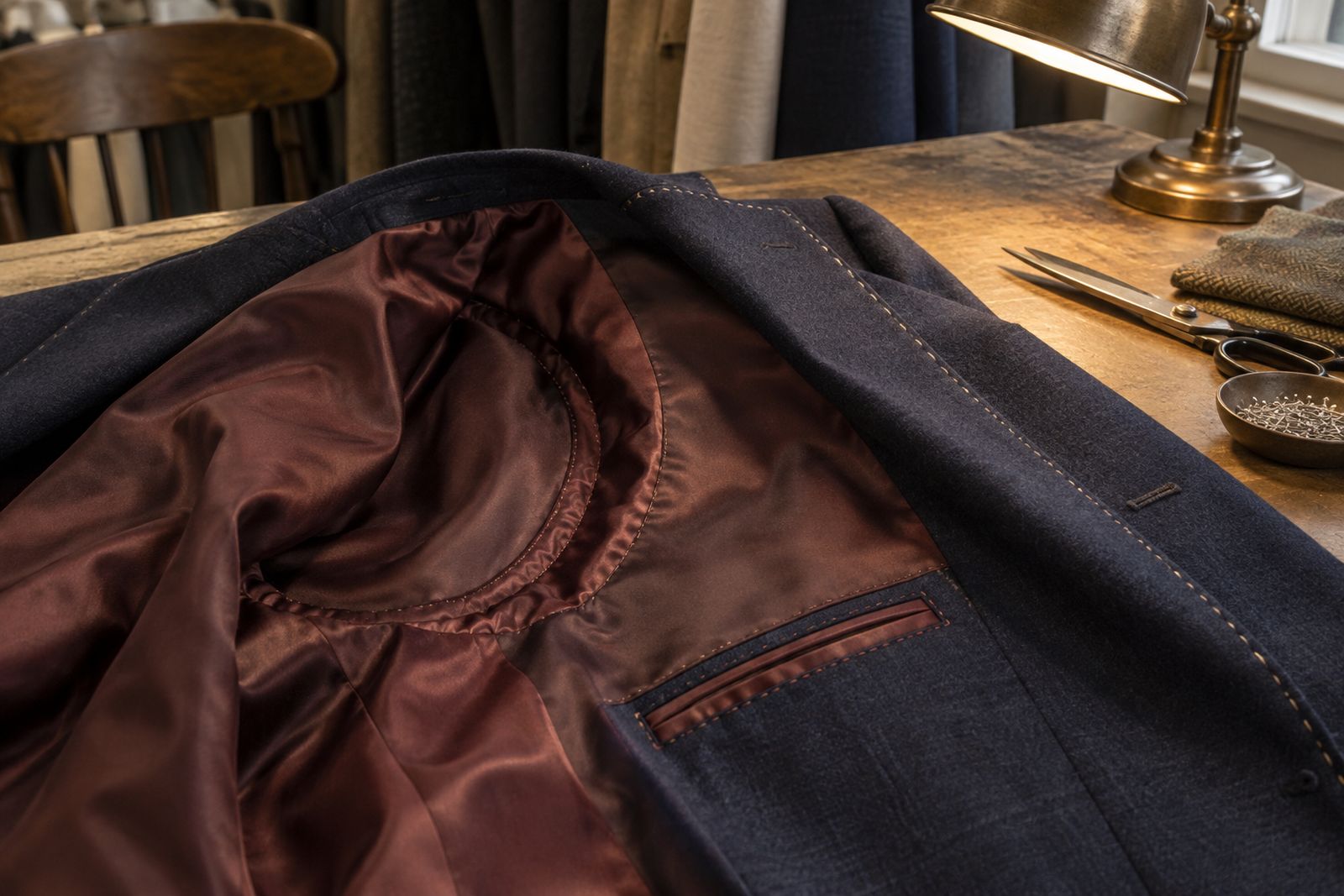 Inside of a bespoke jacket showing hand-felled lining and a jetted pocket.