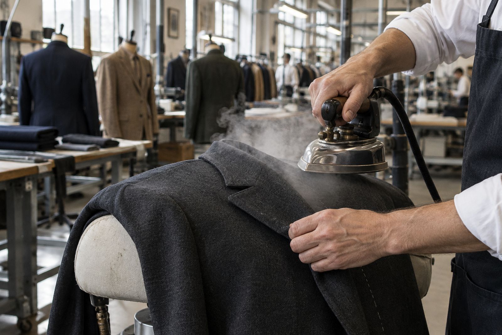 Hands steam-pressing the lapel of a charcoal jacket.