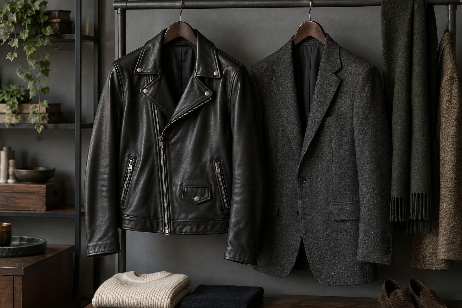 A black leather biker jacket beside a charcoal suit jacket on a rail.