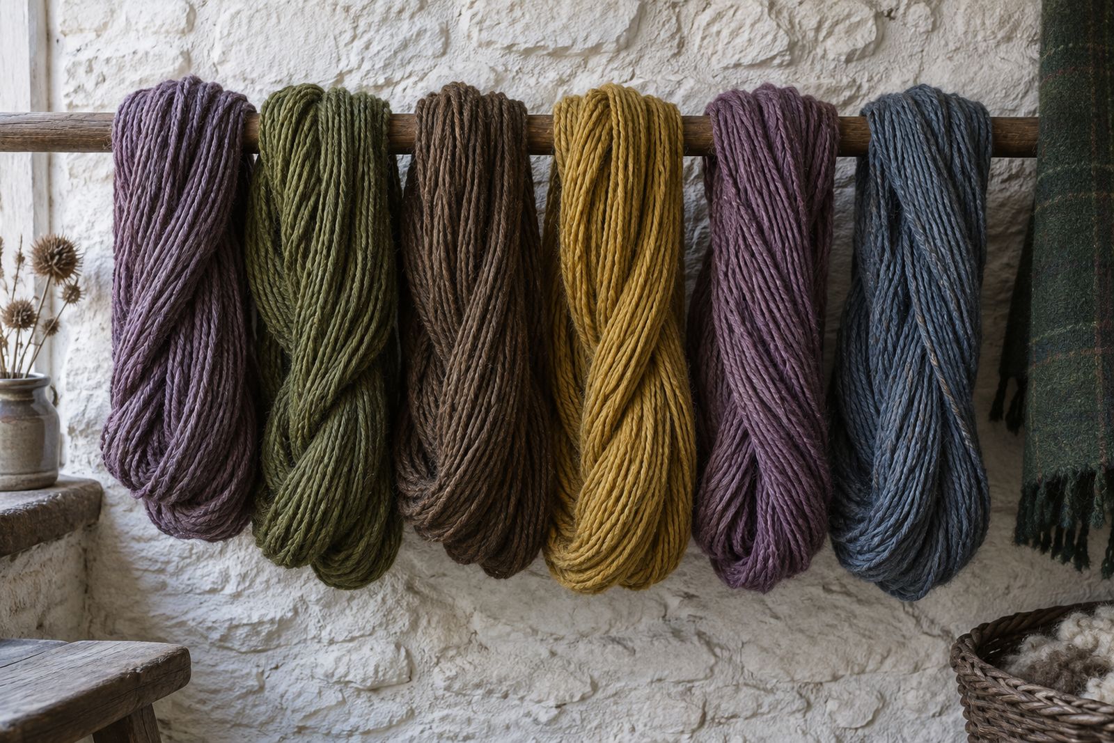 Hanks of dyed woolen yarn in heather colors against a stone wall.