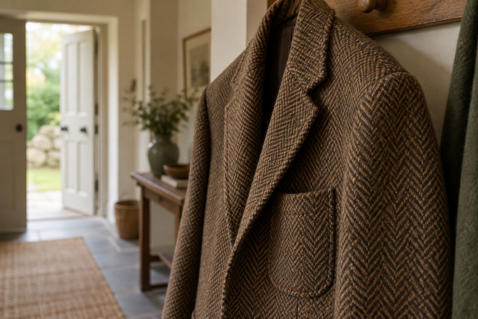 Close-up of a brown herringbone tweed jacket's lapel and patch pocket.