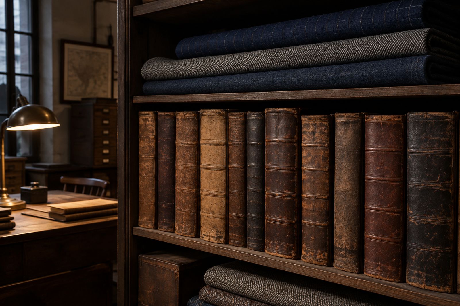 Old leather-bound ledgers on a shelf with folded blue wool fabric.