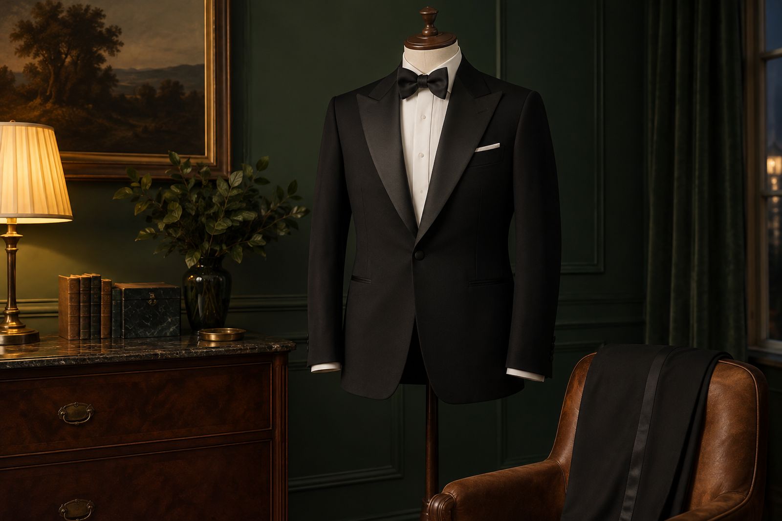 A black dinner suit with silk-faced lapels on a dress form.