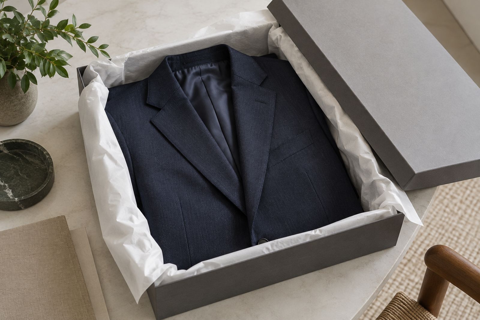 A navy suit jacket folded in tissue paper inside a plain box.