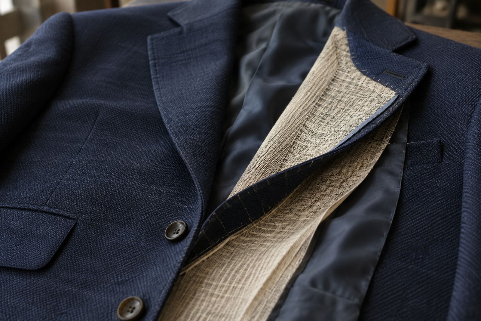 A jacket front opened to show the canvas layer between the outer fabric and the lining.