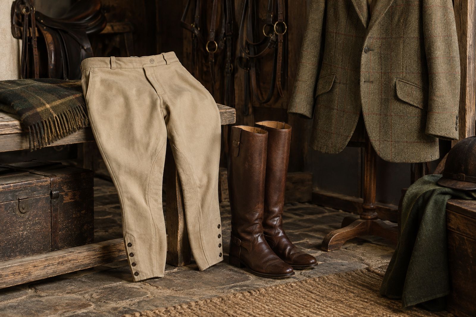 Riding breeches, tall leather boots and a tweed hacking jacket in a tack room.