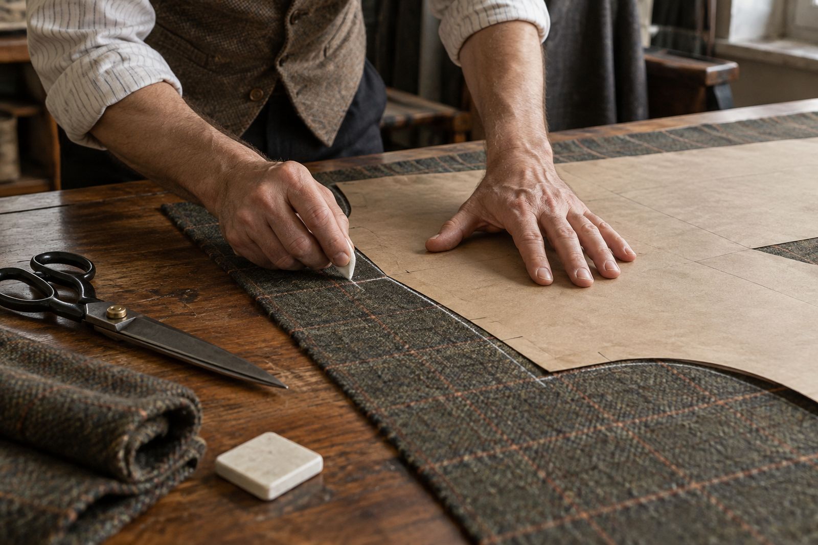 A cutter's hands chalking around a paper pattern on check tweed.