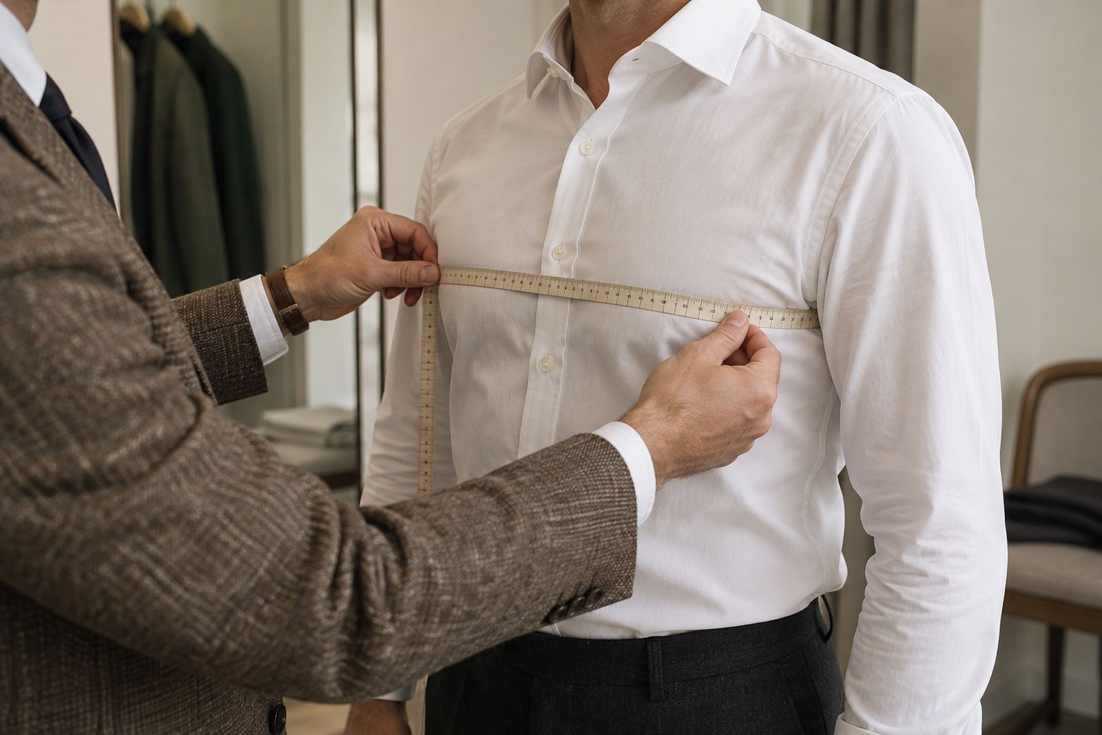Hands measuring a customer's chest with a tape measure.