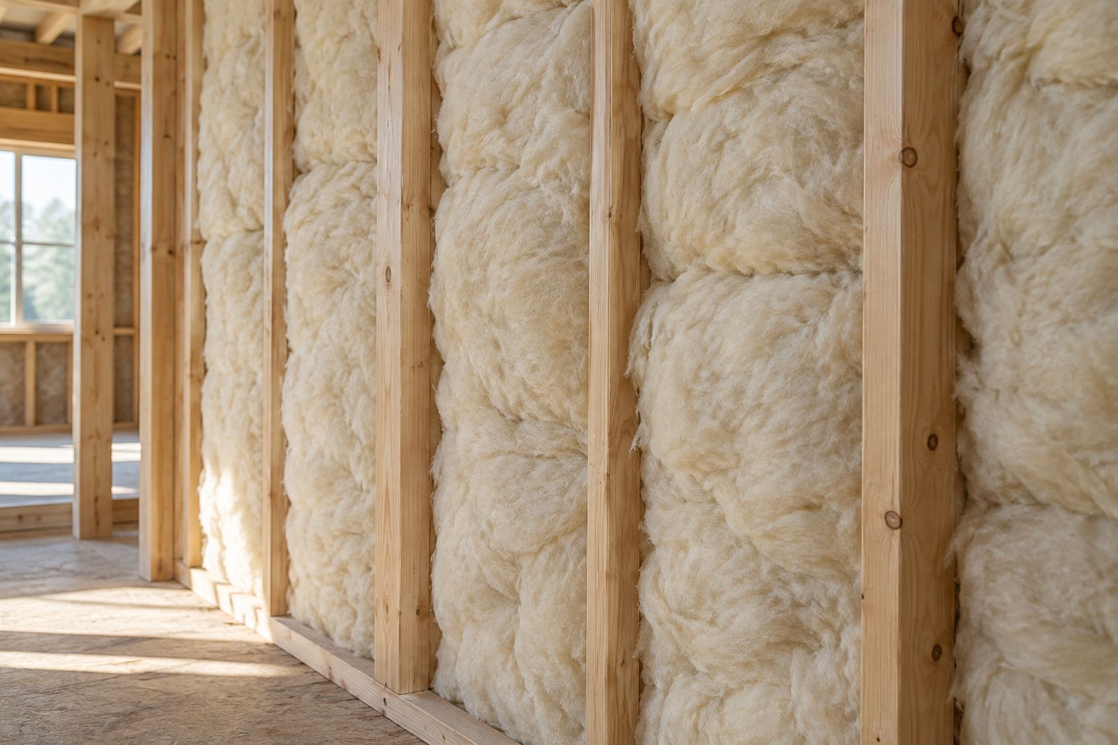 Cream wool insulation fitted between timber studs in a wall.