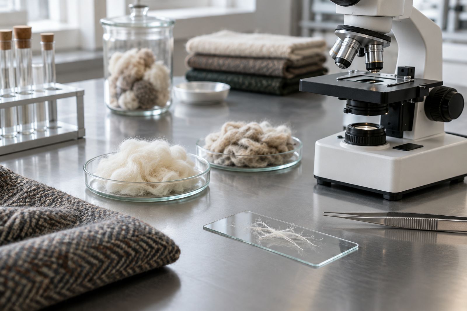 A microscope and dishes of wool samples on a laboratory bench.