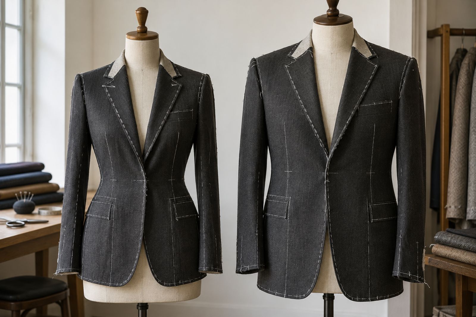 Two basted charcoal jackets on dress forms, one shaped for a woman and one for a man, with white tacking thread along the seams.