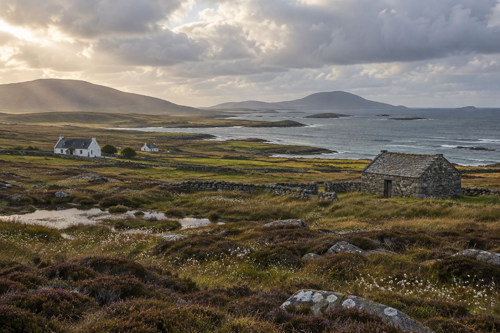 Heather moorland with white croft houses and a small stone shed beside a grey sea under a cloudy sky.
