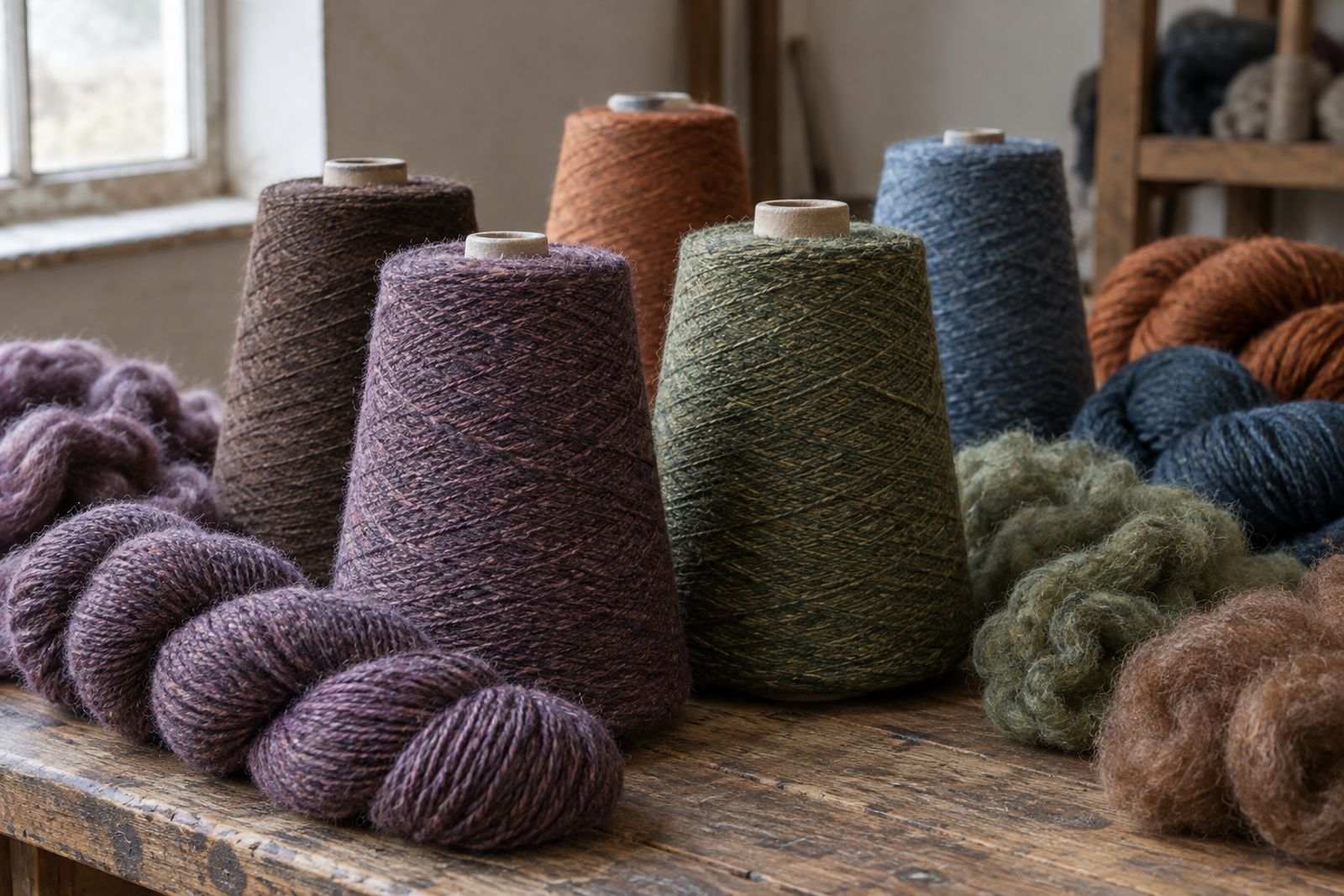 Cones and skeins of dyed wool yarn and loose dyed fleece in heather, moss and rust tones on a wooden bench.