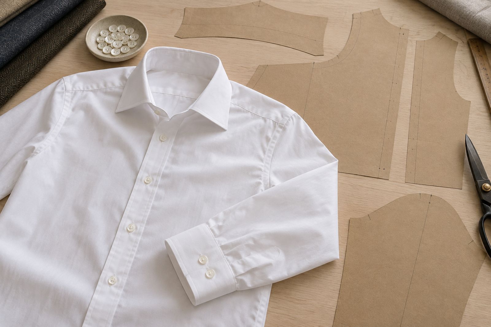 A white bespoke shirt laid beside paper shirt pattern pieces and a dish of mother-of-pearl buttons.