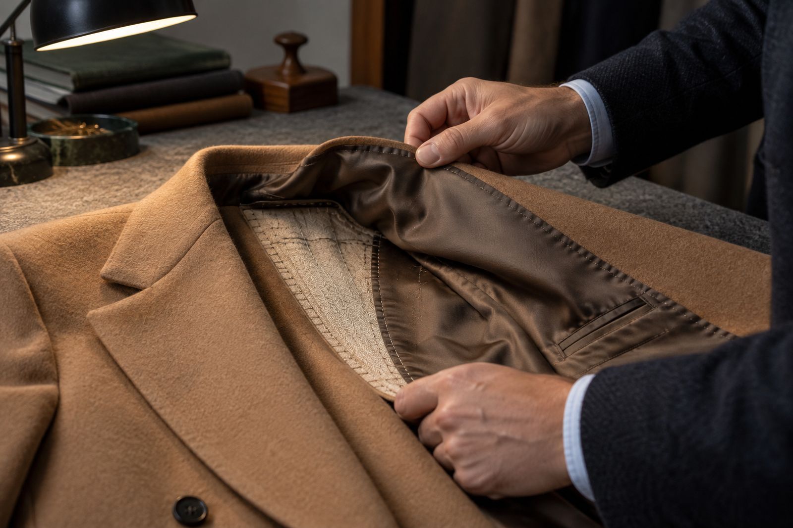 Hands folding back a camel jacket's lining under a lamp to inspect the seams inside.