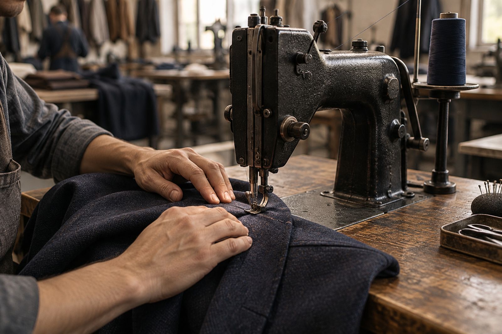 Hands guiding a navy wool seam through an old black industrial sewing machine.